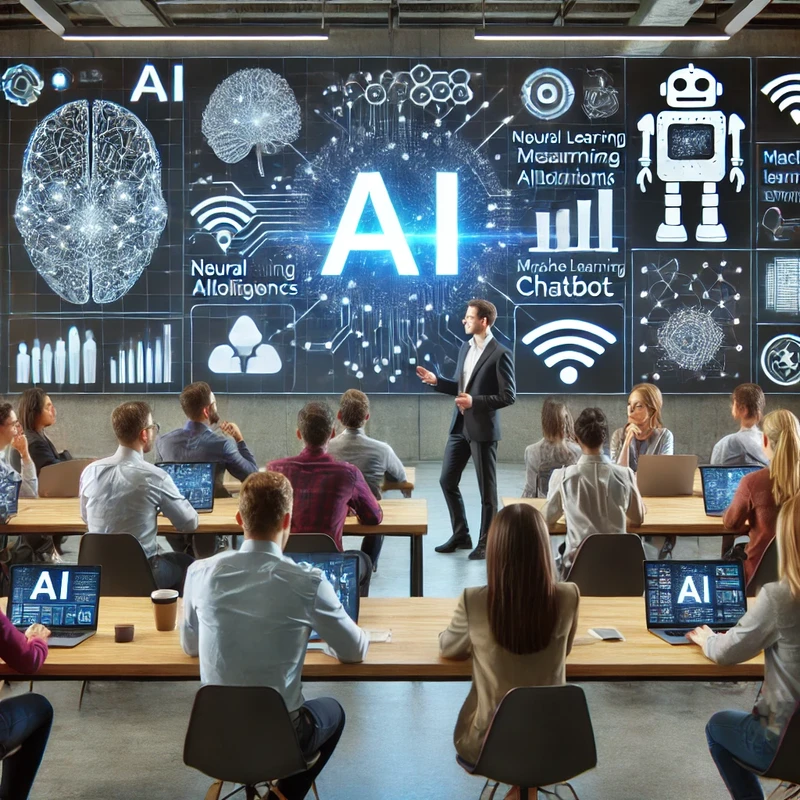 DALL·E 2025-03-06 11.19.31 - A modern training session on artificial intelligence (AI) in a high-tech office. A presenter stands in front of a large screen displaying AI-related g.webp