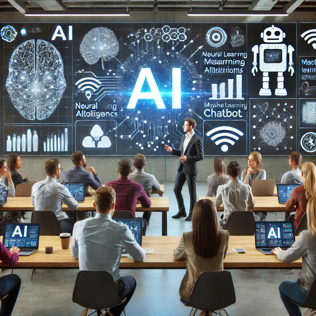 DALL·E 2025-03-06 11.19.31 - A modern training session on artificial intelligence (AI) in a high-tech office. A presenter stands in front of a large screen displaying AI-related g.webp